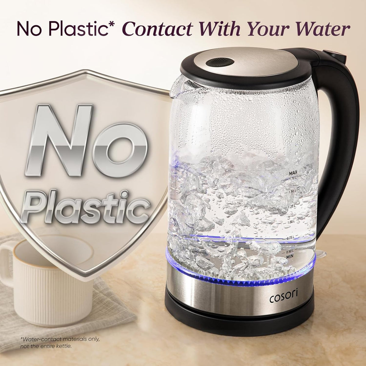 Electric Kettle, No Plastic Contact with Water, 1.7L, Black