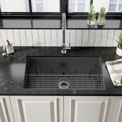 32 X 19 Inch Gloss Black Ceramic Coating with Nanotek Undermount Kitchen Sink,Pvd Coated Gunmetal Sink, 16 Gauge Stainless Steel Wet Bar or Prep Sinks Single Bowl, Dark Gray
