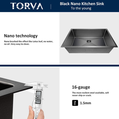 32 X 19 Inch Gloss Black Ceramic Coating with Nanotek Undermount Kitchen Sink,Pvd Coated Gunmetal Sink, 16 Gauge Stainless Steel Wet Bar or Prep Sinks Single Bowl, Dark Gray