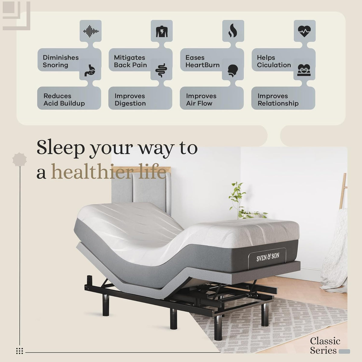 Sven & Son Classic Adjustable Bed Base, Head and Foot Lift, Massage, Under-Bed Lights, USB, Gel Memory, Zero Gravity Smart Frame - Twin XL + 14 Inch Hybrid Spring Matt (Medium Soft)