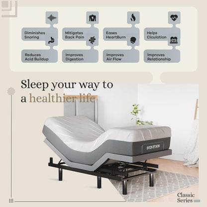 Sven & Son Classic Adjustable Bed Base, Head and Foot Lift, Massage, Under-Bed Lights, USB, Gel Memory, Zero Gravity Smart Frame - Twin XL + 14 Inch Hybrid Spring Matt (Medium Soft)