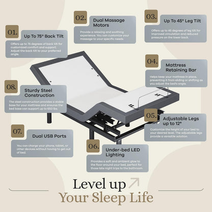 Sven & Son Classic Adjustable Bed Base, Head and Foot Lift, Massage, Under-Bed Lights, USB, Gel Memory, Zero Gravity Smart Frame - Twin XL + 14 Inch Hybrid Spring Matt (Medium Soft)