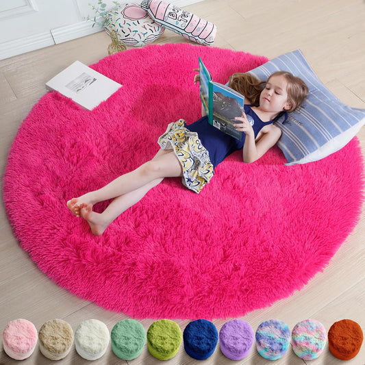 Hot Pink Plush round Circle Rug 5Ft for Girls Bedroom Playroom