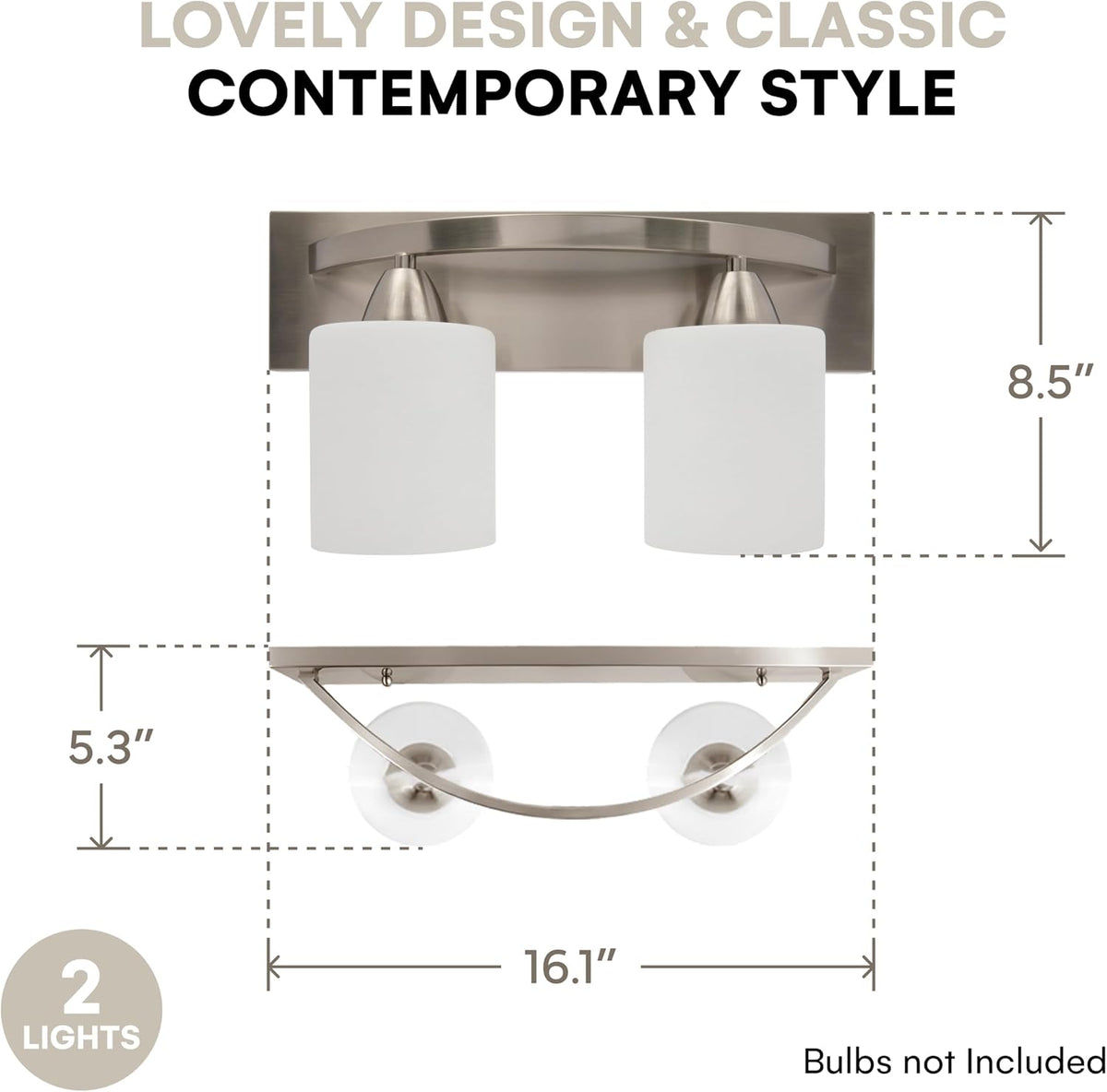 Bathroom Light Fixtures - 2 Lights, Oil-Rubbed Nickel Vanity Lights with Milk Glass Shades - Interior Lighting over Mirror - E26, 100W LED, Bulbs Not Included