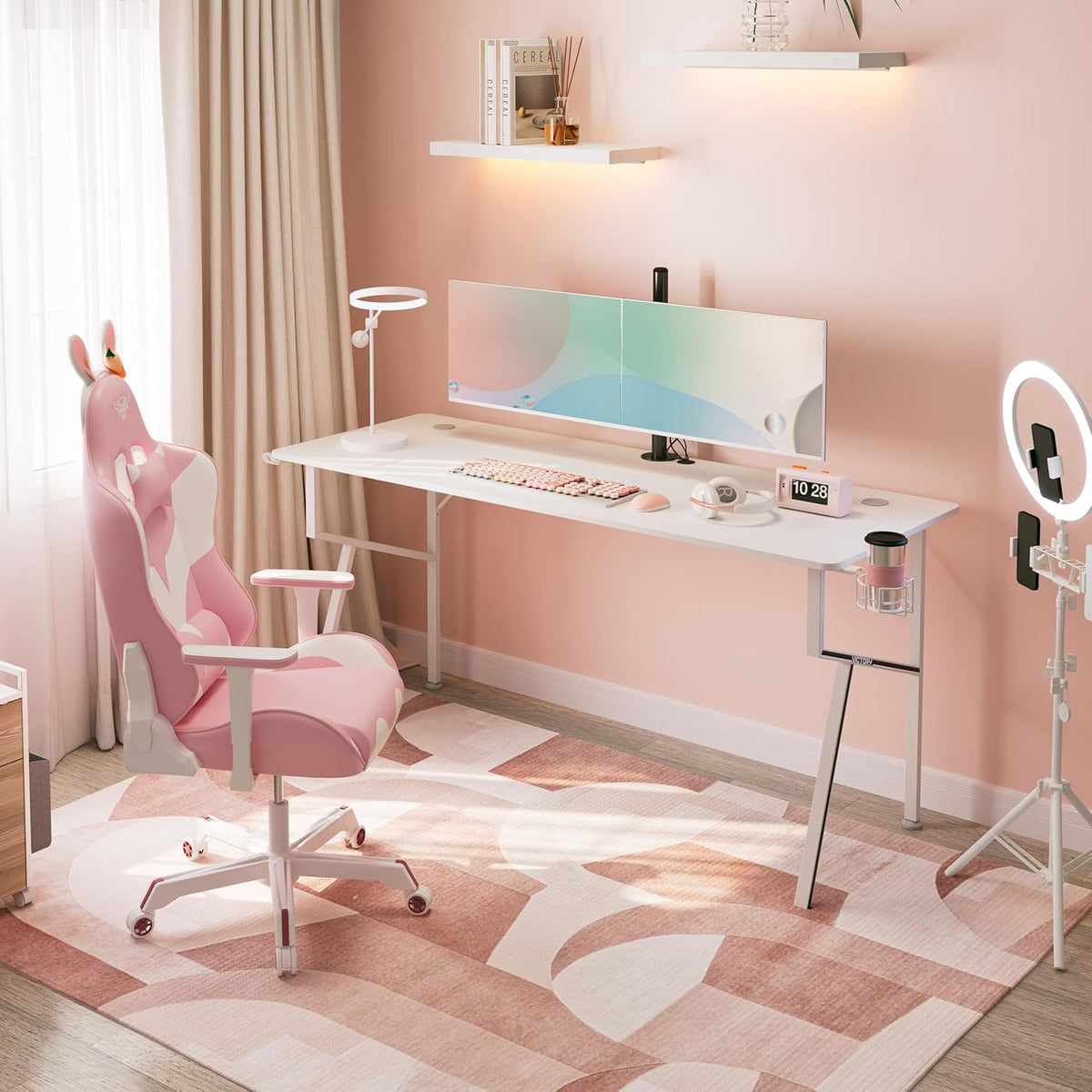 White Computer Desk, 63 X 24 Inch K Shaped Long Gaming Desk for Home Office Work Study Writing Table with Cable Management, Cup Holder, Headphone Hook, Mouse Pad, Easy to Assemble
