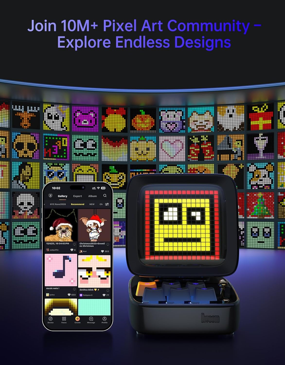 Ditoo Retro Pixel Art 15W Bluetooth Speaker,Cute Speaker with Alarm,White Noise & Mini Games,Iconic Desk Setup Speaker with 16X16 LED App Controlled Front Screen,Gifts for Anyone (Black)