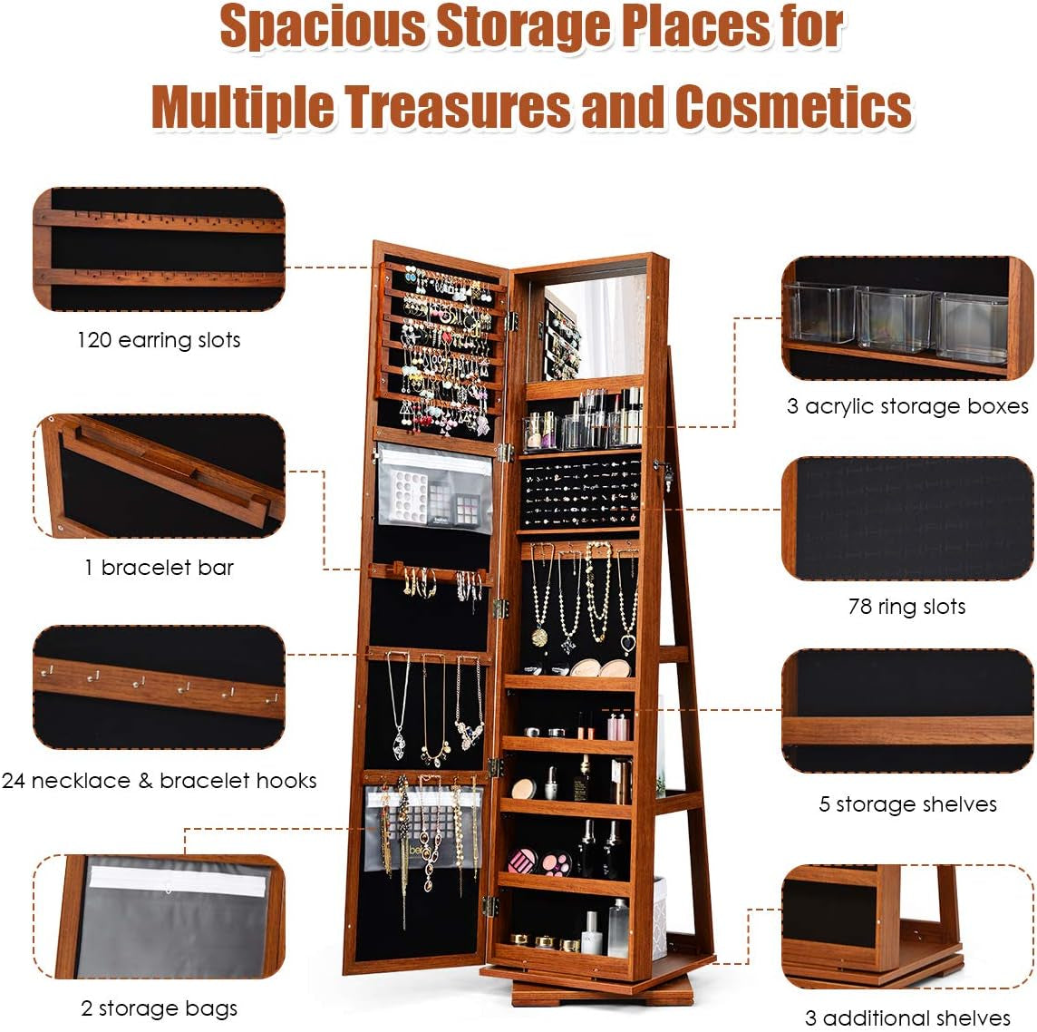 Swivel Jewelry Armoire with Full Length Mirror, Walnut