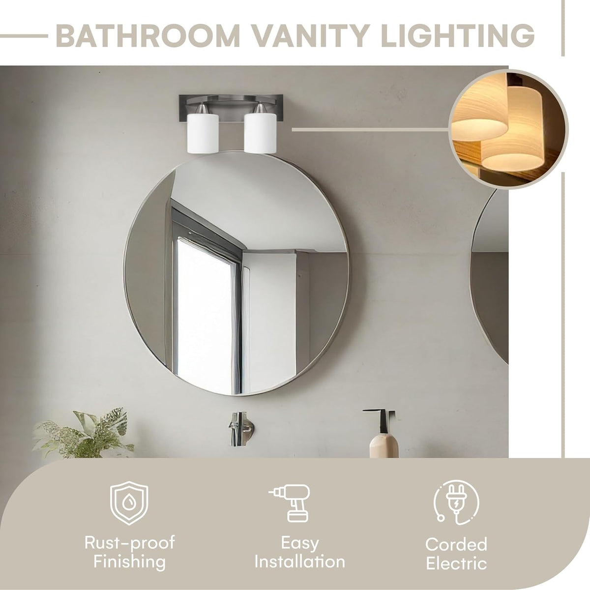 Bathroom Light Fixtures - 2 Lights, Oil-Rubbed Nickel Vanity Lights with Milk Glass Shades - Interior Lighting over Mirror - E26, 100W LED, Bulbs Not Included