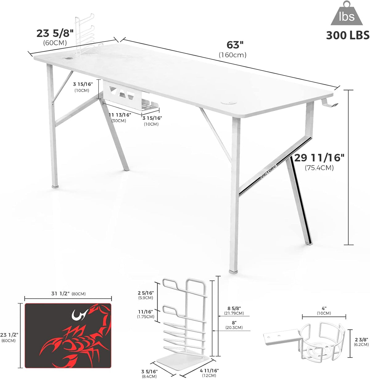 White Computer Desk, 63 X 24 Inch K Shaped Long Gaming Desk for Home Office Work Study Writing Table with Cable Management, Cup Holder, Headphone Hook, Mouse Pad, Easy to Assemble