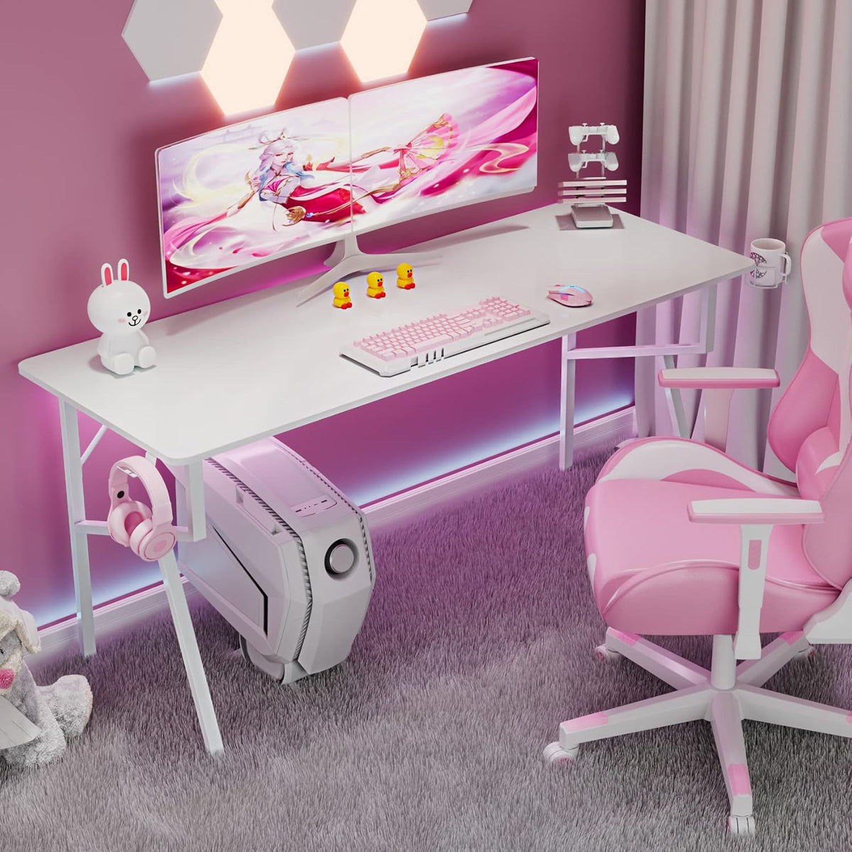 White Computer Desk, 63 X 24 Inch K Shaped Long Gaming Desk for Home Office Work Study Writing Table with Cable Management, Cup Holder, Headphone Hook, Mouse Pad, Easy to Assemble