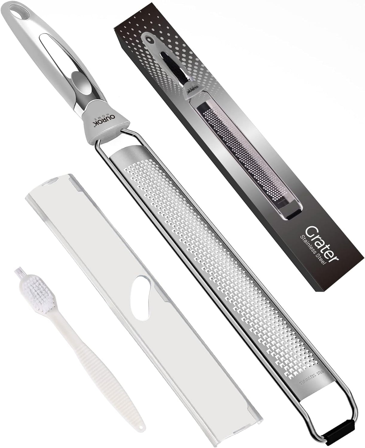 Kitchen Lemon Zester, Stainless Steel Hand Held Parmesan Cheese Grater for Ginger, Chocolate, Coconut, Lime, Nutmeg, Citrus, Fruit, Vegetable with Cleaning Brush, Dishwasher Safe, Gray