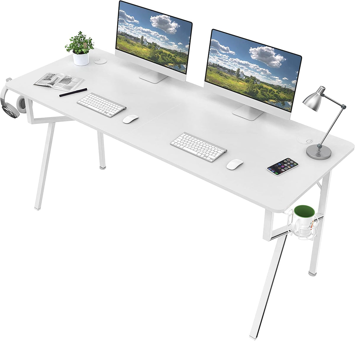 White Computer Desk, 63 X 24 Inch K Shaped Long Gaming Desk for Home Office Work Study Writing Table with Cable Management, Cup Holder, Headphone Hook, Mouse Pad, Easy to Assemble