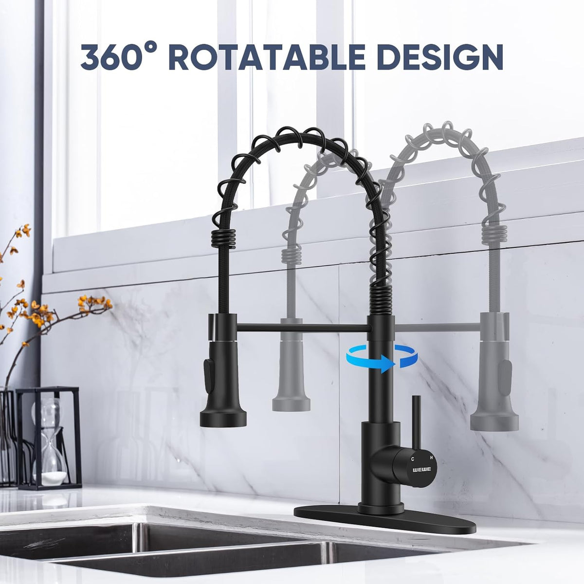 Black Kitchen Faucet with Pull down Sprayer, High Arc Bar Sink Faucet