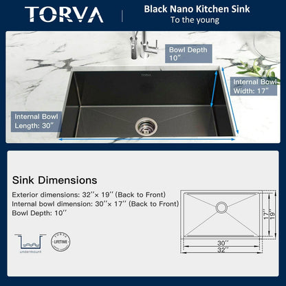 32 X 19 Inch Gloss Black Ceramic Coating with Nanotek Undermount Kitchen Sink,Pvd Coated Gunmetal Sink, 16 Gauge Stainless Steel Wet Bar or Prep Sinks Single Bowl, Dark Gray
