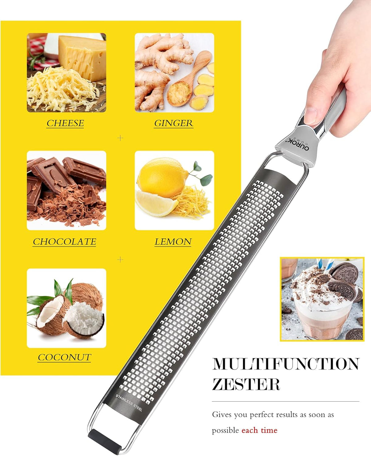 Kitchen Lemon Zester, Stainless Steel Hand Held Parmesan Cheese Grater for Ginger, Chocolate, Coconut, Lime, Nutmeg, Citrus, Fruit, Vegetable with Cleaning Brush, Dishwasher Safe, Gray