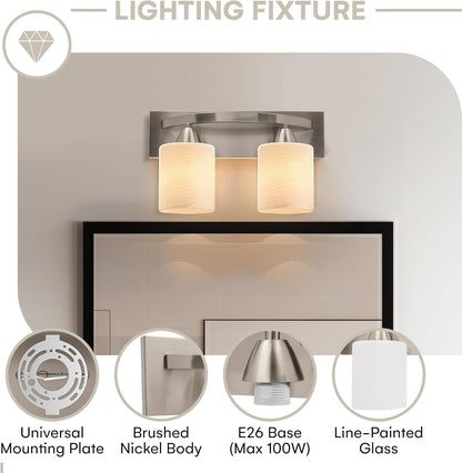 Bathroom Light Fixtures - 2 Lights, Oil-Rubbed Nickel Vanity Lights with Milk Glass Shades - Interior Lighting over Mirror - E26, 100W LED, Bulbs Not Included