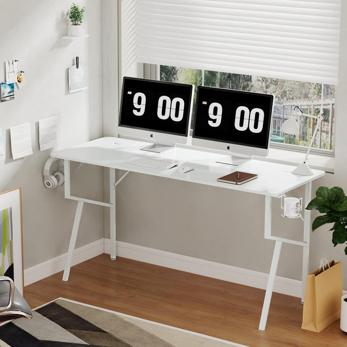 White Computer Desk, 63 X 24 Inch K Shaped Long Gaming Desk for Home Office Work Study Writing Table with Cable Management, Cup Holder, Headphone Hook, Mouse Pad, Easy to Assemble
