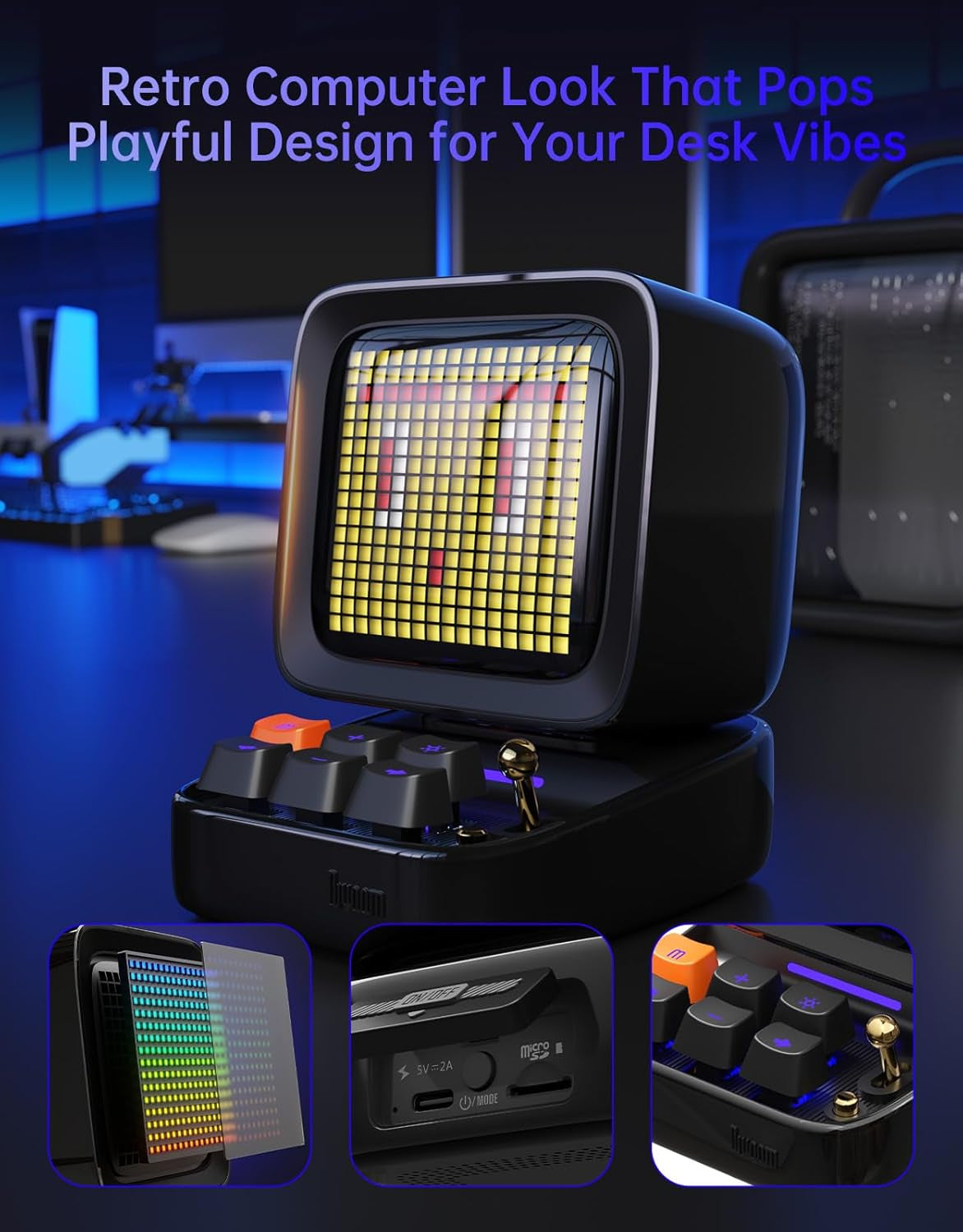Ditoo Retro Pixel Art 15W Bluetooth Speaker,Cute Speaker with Alarm,White Noise & Mini Games,Iconic Desk Setup Speaker with 16X16 LED App Controlled Front Screen,Gifts for Anyone (Black)