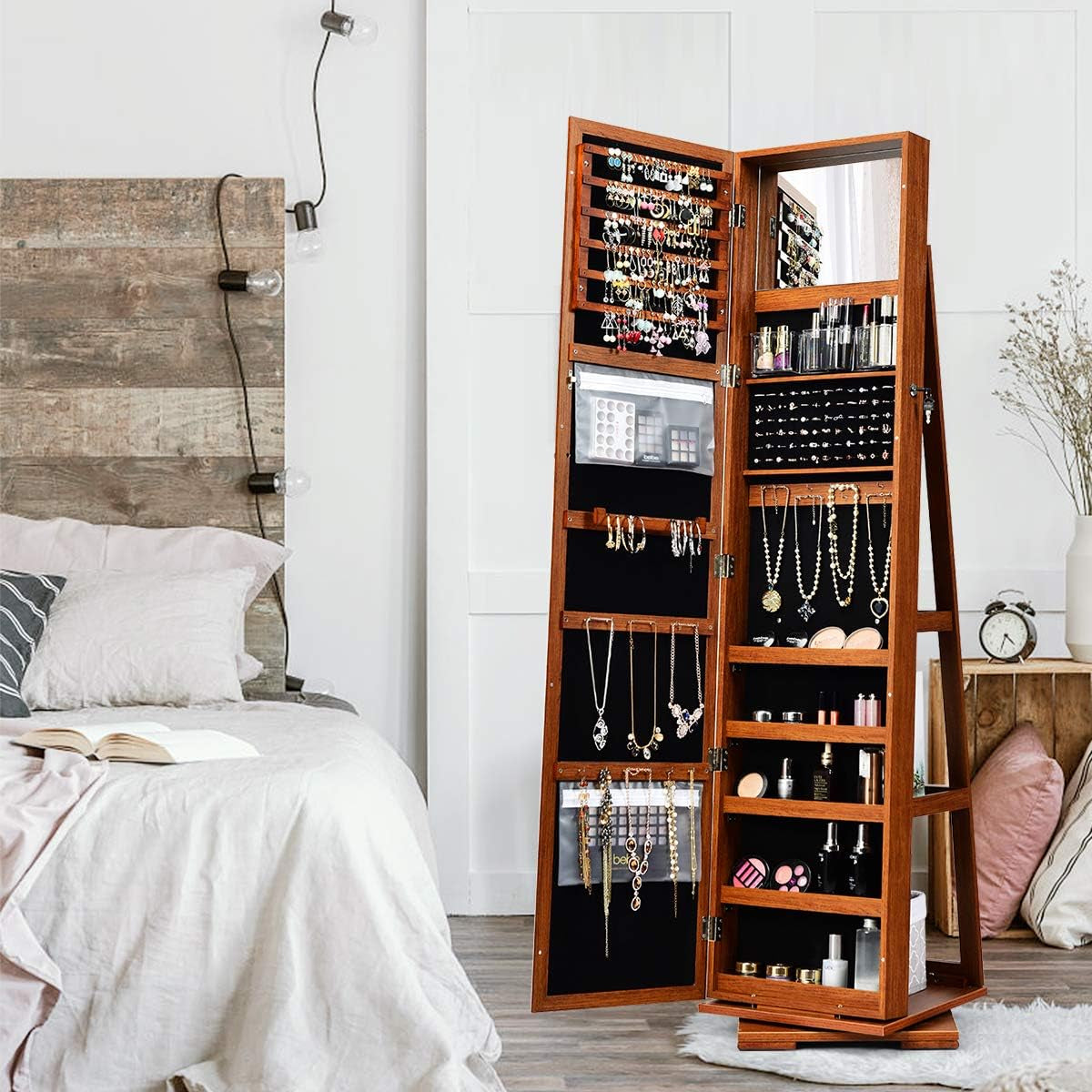 Swivel Jewelry Armoire with Full Length Mirror, Walnut