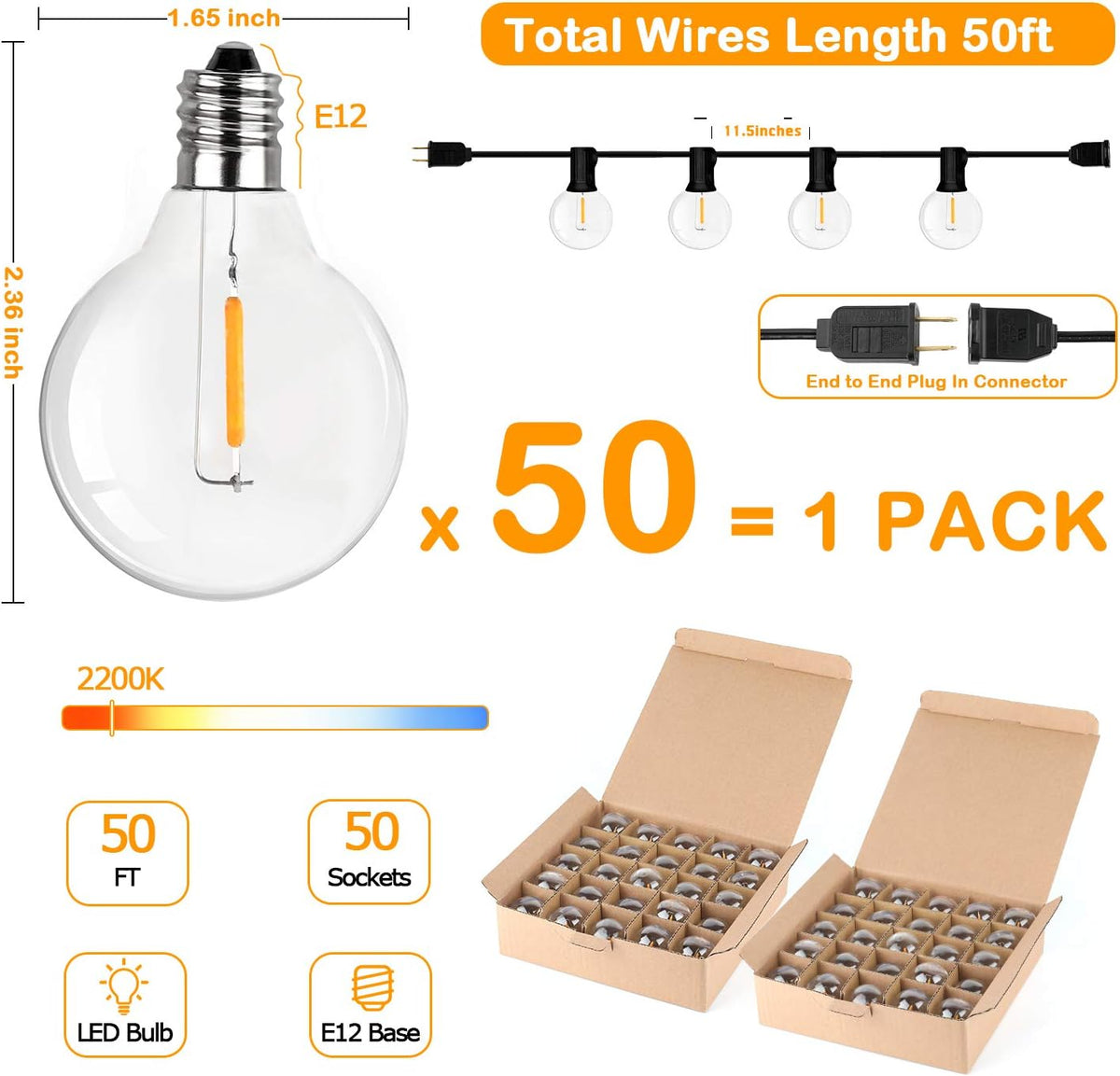 50FT LED G40 Globe String Lights with 50+2 Dimmable Edison Bulbs