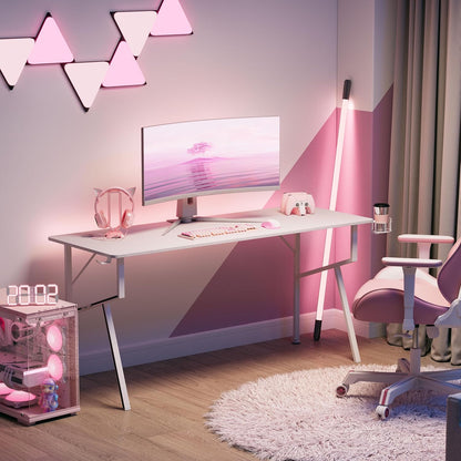White Computer Desk, 63 X 24 Inch K Shaped Long Gaming Desk for Home Office Work Study Writing Table with Cable Management, Cup Holder, Headphone Hook, Mouse Pad, Easy to Assemble