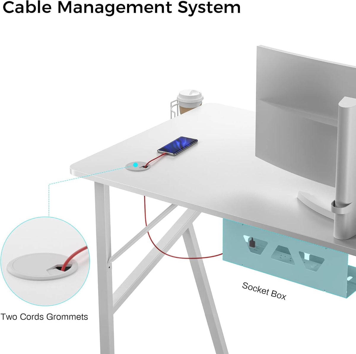 White Computer Desk, 63 X 24 Inch K Shaped Long Gaming Desk for Home Office Work Study Writing Table with Cable Management, Cup Holder, Headphone Hook, Mouse Pad, Easy to Assemble